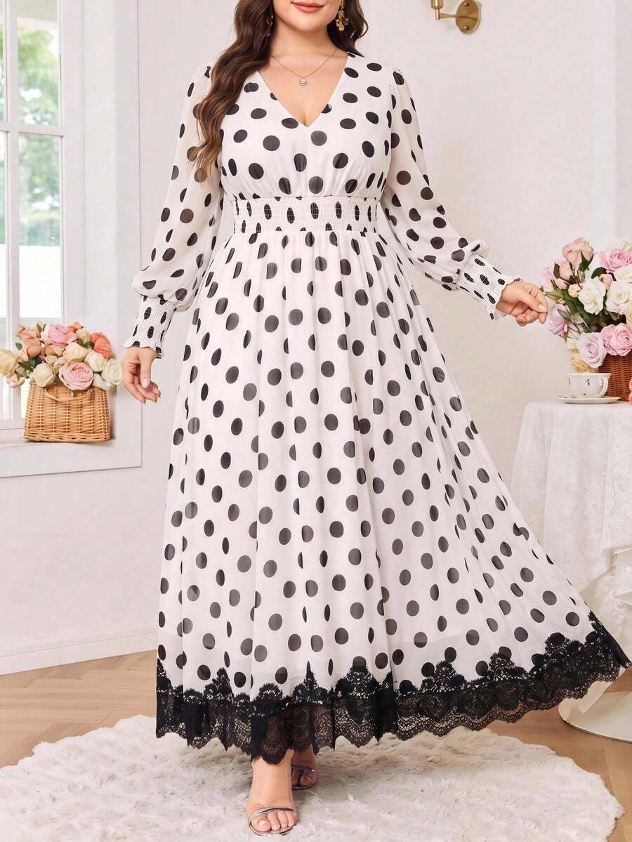 Reflora Plus Size Polka Dot Print Lace Patchwork Dress Fall - Black and White - View 1