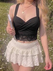SHEIN MOD 大尺碼女款秋季黑色蕾絲飾邊荷葉邊休閒百搭上衣，適合日常穿搭、節慶、外出、海灘度假、上班，Y2K風格 - 黑色 - 查看 10