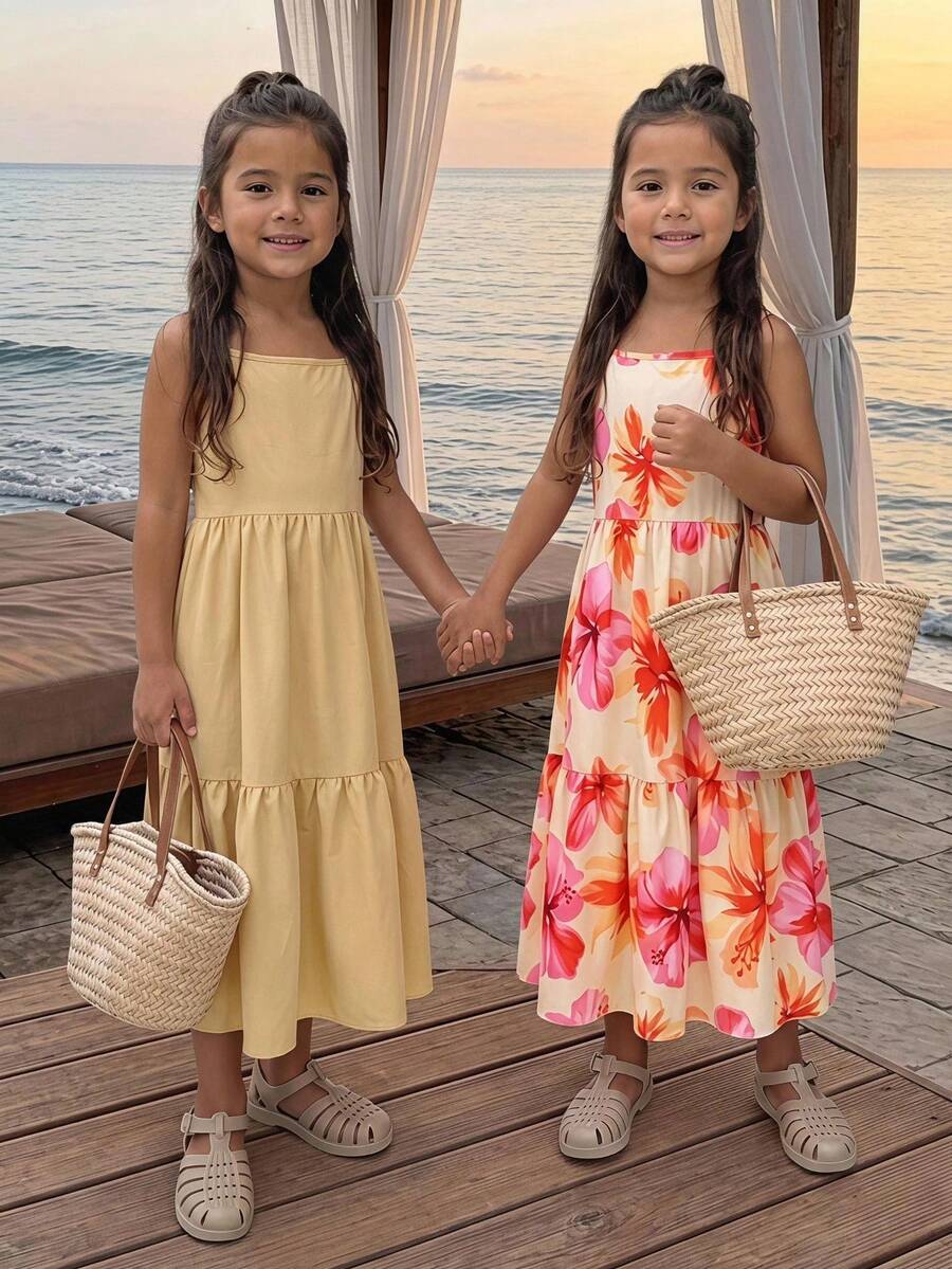 SHEIN Elladie kids 女童休閒甜美花卉與素色拼接細肩帶洋裝，適合日常穿著、夏季、戶外與度假
