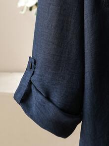 Lacomfia Minimalist Casual Solid Color Patchwork Beaded Shirt Collar Long Sleeve Fitted Regular Shirt And Solid Color Elastic Waist Wide Leg Pants Spring Autumn Plus Size 2-Piece Set - Navy Blue - View 7