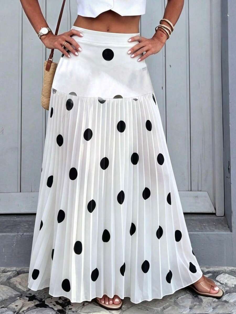 Elenzga Plus Size Women's Woven Regular Fit French Elegant Date Commute Pleated Colorblock Black Polka Dot Skirt, Summer/Autumn Fall - Black and White - View 1