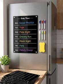 Haus Hana 1Pc Magnetic Weekly Calendar Writing Board, 2mm Thick Black Solid Acrylic With Printed Weekly Grid Pattern, Dry Wipe Reusable Surface For Schedule Recording, Magnetic Fridge Memo Plaque For Family Daily Arrangement And Kitchen Planning - multicolor - View 2