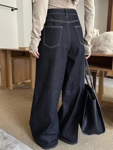 Dazy Tall Women's Thermal Lined Colorblock Loose Straight Leg Pants - Dark Wash - View 7