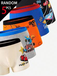 [5 Random Piece] Young Boys Trunks-Random Five Pack Colorful Cartoon Vehicle Dinosaur Stars Fun Patt - Multicolor - View 5