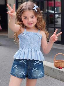 SHEIN Vintaside Kids Adorable Baby Girls Polyester Blue Sleeveless Tank Top And Short Set With Plant Pattern And Bow Details - Blue - View 2
