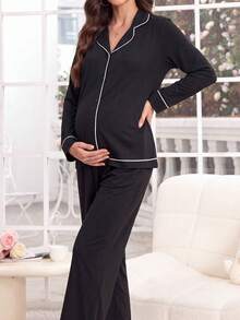 Moonlight&Mama 2件組 對比色滾邊翻領長袖上衣與喇叭褲休閒孕婦居家服 - 黑色 - 查看 1