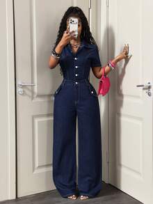BamGleam Women's Button Casual Daily Denim Jumpsuit - Dark Wash - View 5