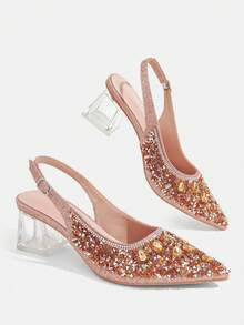 CUCCOO TILAWA Ladies' Fashionable And Elegant Crystal And Glass Rhinestone Pointed Champagne High-Heeled Shoes, Suitable For Going Out, Banquets, Parties And Other - Champagne - View 4