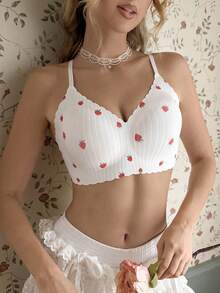 CottageSlumber 1pc Romantic Strawberry Print Chain Fabric Wavy Edge Seamless Jelly Glue Adhesive Bra - Red and White - View 5