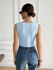 Serisse Casual Versatile Commute Solid Color Knit Vest - Baby Blue - View 2