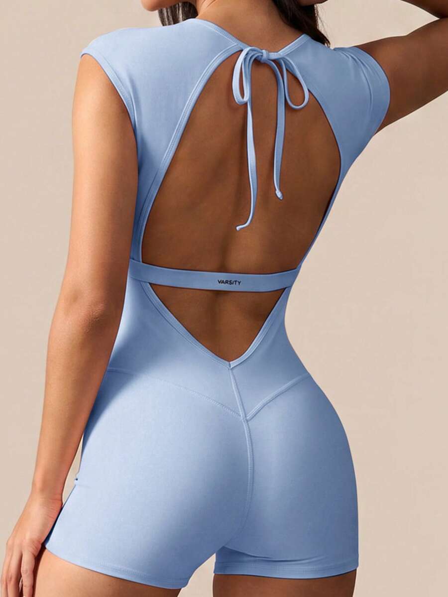 SHEIN BAE 純色露背修身運動連身短褲 - 淺藍色 - 查看 1