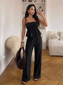 SHEIN PETITE 女款夏季休閒純色細肩帶上衣與長褲兩件套 - 黑色 - 查看 8