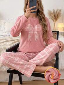 Teen Girls Pink Plush Top With Bow Embroidery Pattern And Plaid Thickened Comfortable Long Sleeve Pants Set Fleece-Lined Autumn Prom Cute Katseye - Pink - View 7