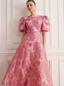 BELROSIE BELROSIE French Romantic Girl Style 3D Rose V-Neck Petal Sleeve Cinched Waist Extra Long Women's Dress - Pink - View 6