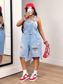Slaydiva Plus Size Women's All-Season Denim Overalls With Large Pockets, Distressed Ripped Hem, Light Blue, Capri Length - Light Wash - View 7