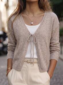 SHEIN Casual Loose V-Neck Long Sleeve Knit Front Tie Design Khaki Women's Spring/Autumn Thin Cardigan,Going Out Top,Fall Outfits,Basic Tops,Social Tops - Khaki - View 4