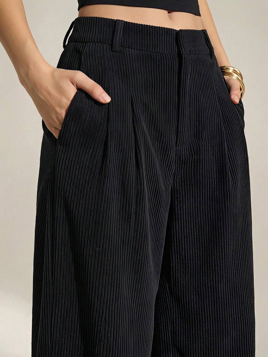 SHEIN Tall 女款休閒百搭純色寬腿長褲 職場辦公素面黑色 秋冬款 - 黑色 - 查看 1
