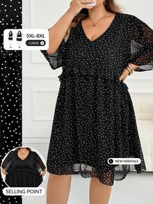 SHEIN CURVE+ Plus Size French Fashion Polka Dot Print Ruffle V-Neck Dress Fall - Black and White - View 10