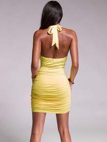 Nuvra Women's 2-In-1 Sleeveless Halter Neck Ribbon Body Shaping Butt Lift Mini Jumpsuit Night Out Club Pale Yellow Summer Bandage Sexy - Yellow - View 2