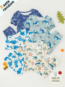 [1 Set Acak] Set Piyama Anak Laki-laki Balita Motif Kartun Hewan Laut & Kendaraan Teknik yang Lucu, Pas Badan, Warna Putih, Cocok untuk Keluarga di Musim Panas - MultiWarna - View 3
