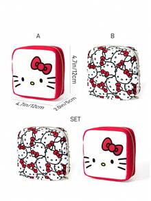 HELLO KITTY AND FRIENDS | SHEIN 迷你蝴蝶結貓咪印花拉鍊收納包，2款可單買或成套，可用於收納衛生棉、耳機、化妝品，女孩日常旅行便攜小包 - 紅白色 - 查看 11