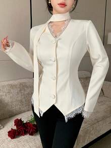 Modelyn Jaket Wanita Elegan, Modis, Ringan, Mewah, dengan Patchwork Renda, Potongan Slim Fit, Cocok untuk Perjalanan dan Acara Kantor, Koleksi Terbaru Musim Gugur - Aprikot - View 7