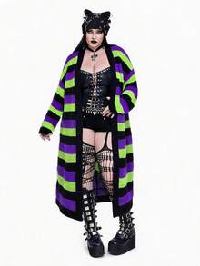 SHEIN CURVE+ 大尺碼女款暗黑風 Y2K 多色長袖長版開襟針織衫，適合萬聖節秋季/冬季穿搭 - 彩色 - 查看 7
