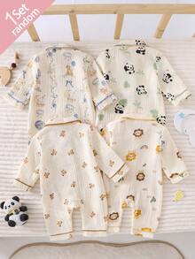 SHEIN Vintaside Kids 新生兒舒適柔軟親膚棉感米色獅子熊貓熊月亮兔子印花領口鈕扣前開長袖長褲包邊連身衣4件套 - 彩色 - 查看 2