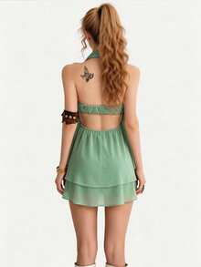 HueRush Women's Summer Draped Neck Mesh 2 Pieces Set Metal Ring Sheer Cover-Up Vacation Style Beach Club Mini Skirt Set Sage Green Tropical Sexy - Green - View 2