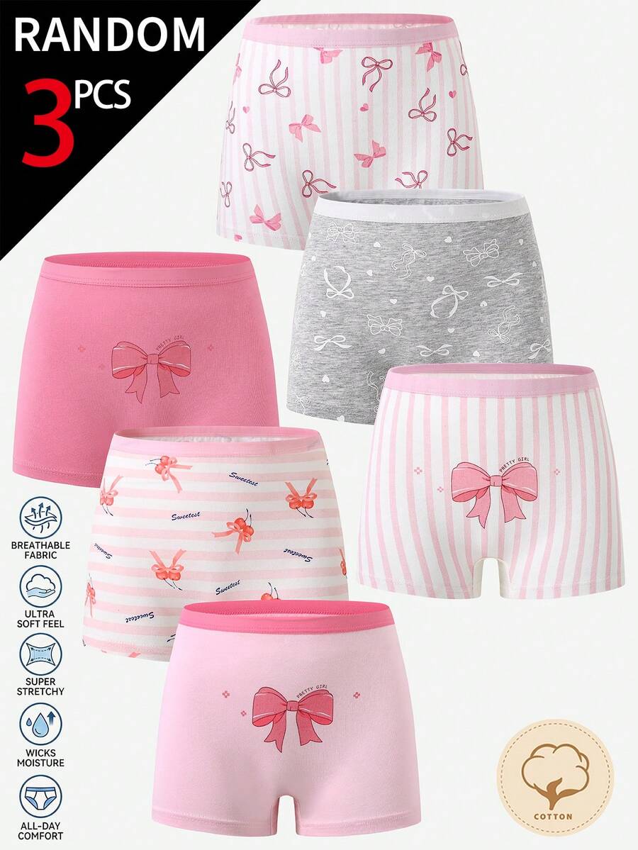 SHEIN 【3件隨機款】女童可愛俏皮快樂卡通蝴蝶結愛心印花純棉四角內褲,冬季嬰兒粉 - 彩色 - 查看 1
