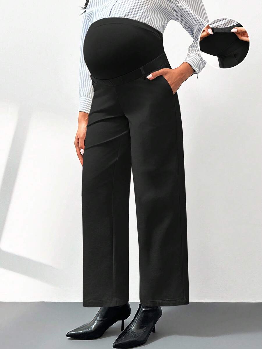 SHEIN Maternity Solid Color Adjustable Waist Wide Leg Loose Casual Pants Fall - Black - View 1