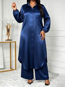 SHEIN Lady Plus Size Women Solid Color Single-Breasted Long Sleeve Top And Pants Casual Daily 2 Pieces Set Fall - Navy Blue - View 7