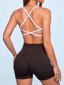 SHEIN Sovereign Charm 2pcs Seamless High Elastic Cross Back Sports Bra & Seamless Contrast Color Sports Shorts Set - Brown - View 2