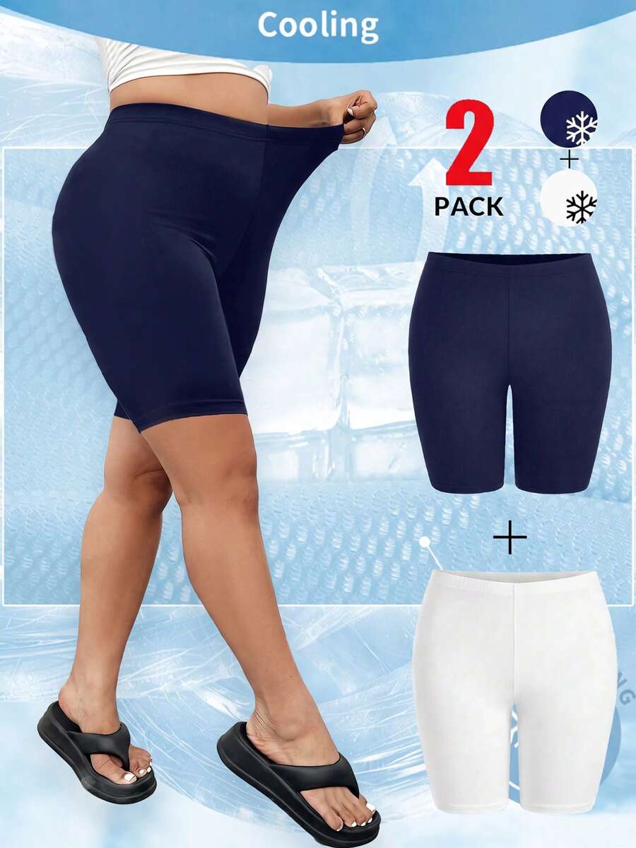 SHEIN EZwear 2件組大尺碼涼感面料系列海軍藍白色高腰緊身短褲，春夏運動健身運動服