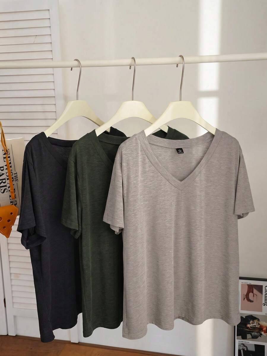 Comfortcana 3pcs/Set Plus Size Multi-Color Spring/Summer A-Line Casual V-Neck T-Shirts - Multicolor - View 1