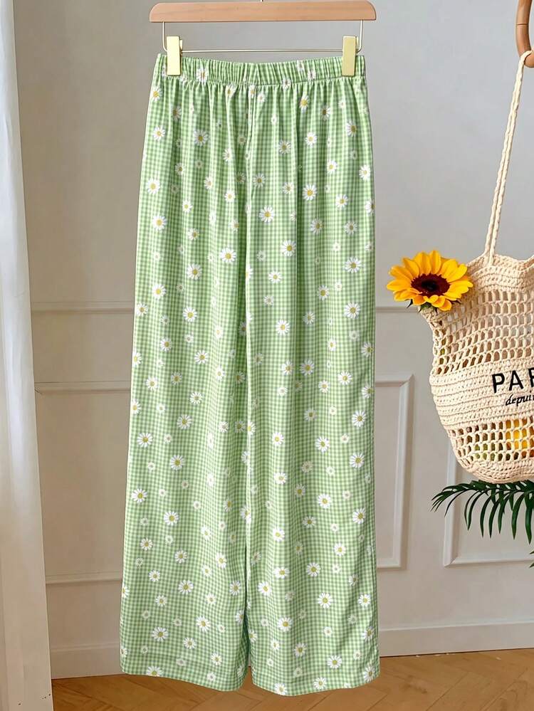 Comfortcana Women's Drawstring Waist Floral Embroidered Pattern Casual Cute Hippy Modest Daily Travel Long Pants Picnic Green Gingham Summer - Mint Green - View 2
