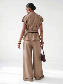 Zivah Setelan Elegan Wanita: Jaket Manset Bergaris dan Celana Panjang Lebar - Khaki - View 15