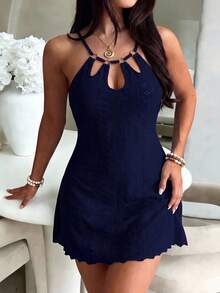 Breezaya Plus Size Women's Textured Hollow Out Stretch Knit Casual Fashion Loose Hollow Neck Design Spaghetti Strap Strap Dress, Metal Buckle Decoration, Fashionable Elegant Commute Work Daily - Navy Blue - View 8