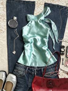 IslaSuriya Women's French Fashion Satin Bow Tie Halter Neck Top - Blue - View 5