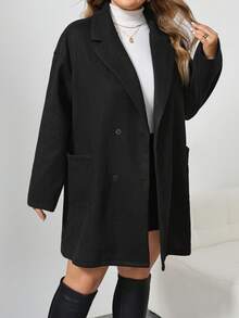 SHEIN CURVE+ Plus Size Casual Versatile Wool Blend Coat, Autumn/Winter - Black - View 6
