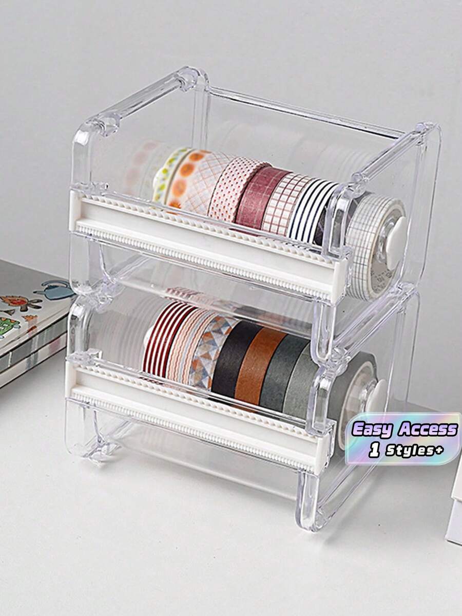 1 Buah Dispenser & Organizer Pita Perekat Transparan, Kotak Penyimpanan Pemotong Pita Washi Bening, Tempat Pita Perekat untuk Meja, Perlengkapan Alat Tulis Kantor dan Sekolah - Clear - View 1