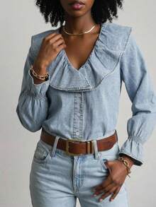 Livesso Atasan Denim Wanita Katun Leher V Lengan Panjang Warna Biru Polos Kerah Ruffle Besar Kancing Depan Potongan Ramping Pinggang Ramping Musim Gugur - Biru - View 3