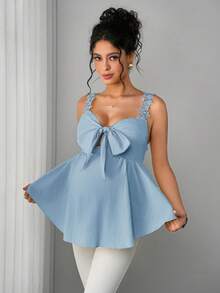 Momance Maternity Lace Camisole Top With Front Bow Tie, Back Tie, A-Line Ruffle Hem Blouse Babyshower Light Blue Summer Maternity - Blue - View 1