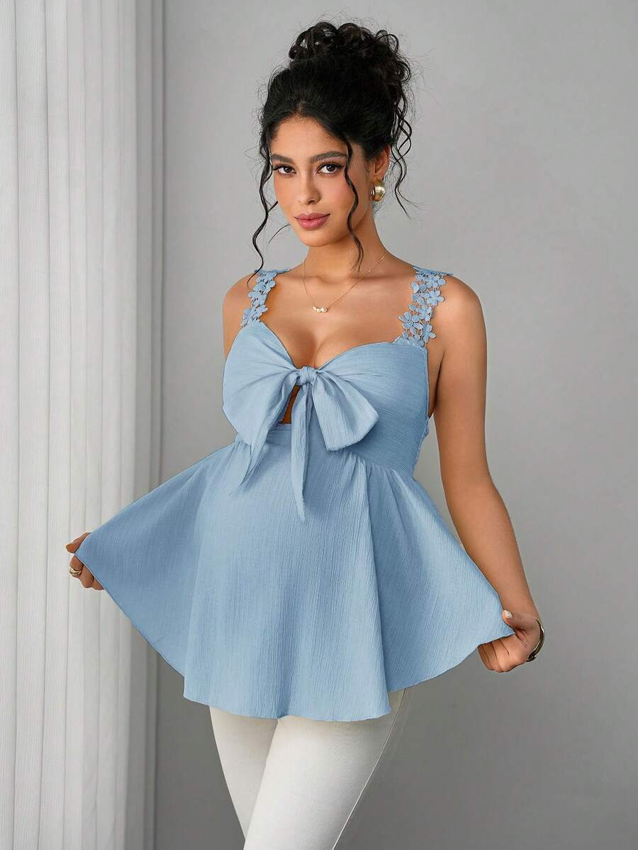 Momance Maternity Lace Camisole Top With Front Bow Tie, Back Tie, A-Line Ruffle Hem Blouse Babyshower Light Blue Summer Maternity - Blue - View 1