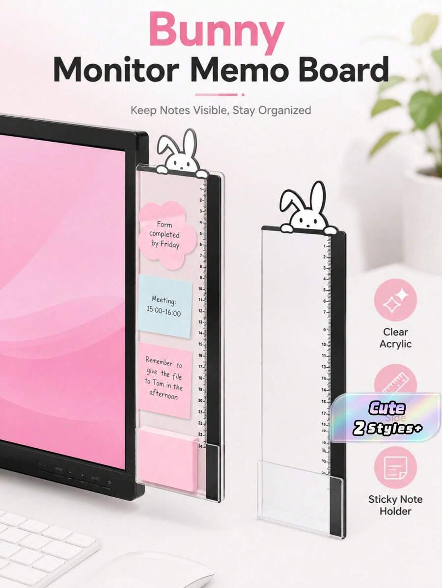 1pc Cute Rabbit-Themed Acrylic Rectangular Side-Mount Memo Board; Modern Minimalist Style With Transparent Border; Clip-On Monitor Side Panel; Compatible With Various Computer Models. - Cute bunny - View 1