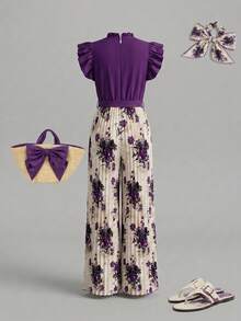 SHEIN Teen Girls Ruffle Collar Flutter Sleeve Detachable Waist Belt Floral Pleated Jumpsuit, Knit, Casual, Textured, Basic, Back To School - Purple - View 2