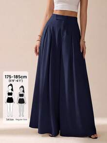 SHEIN Tall 女款純色高腰休閒百搭日常穿著寬腿長褲 - 藏蓝色 - 查看 4
