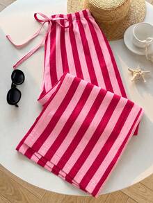 SHEIN EZwear 女款休閒腰部綁帶直筒長褲，適合夏季 - 粉色 - 查看 4