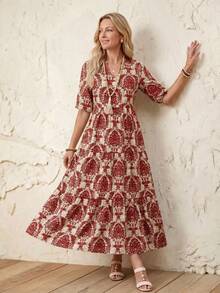 SHEIN LUNE Women's Casual Mid-Length Dress With Small V-Neck, Mid-Sleeves And Color Block Patchwork Design, Spring/Summer - Redwood - View 3
