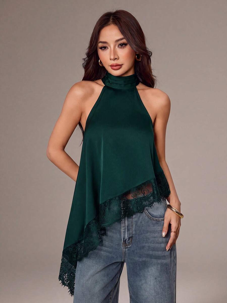 SHEIN PETITE 不對稱高領掛脖上衣,蕾絲飾邊,適合晚宴派對雞尾酒會正式場合 - 墨綠色 - 查看 1